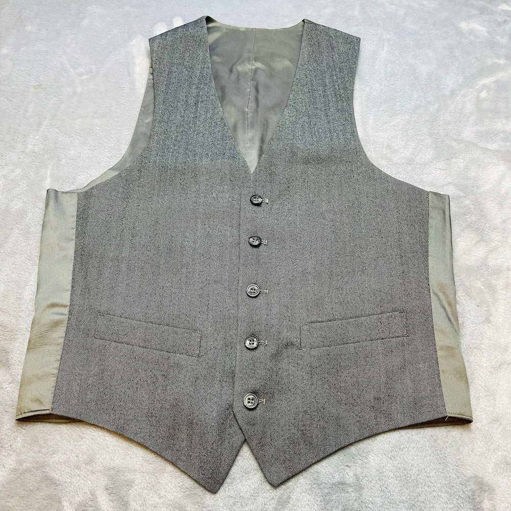 Mens Classic‎ Formal Waistcoat Vest Size M Gray Herringbone Wool Button Up